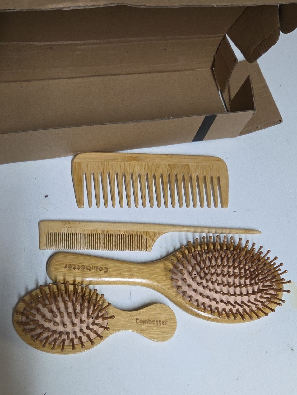 Combetter Bamboo Hairbrush & Comb Set in Natural Wood NWT